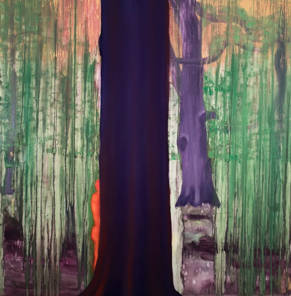 A stylized painting depicting a large dark tree trunk amidst vertical green lines representing foliage, with hints of orange suggesting a figure partially hidden behind the tree.