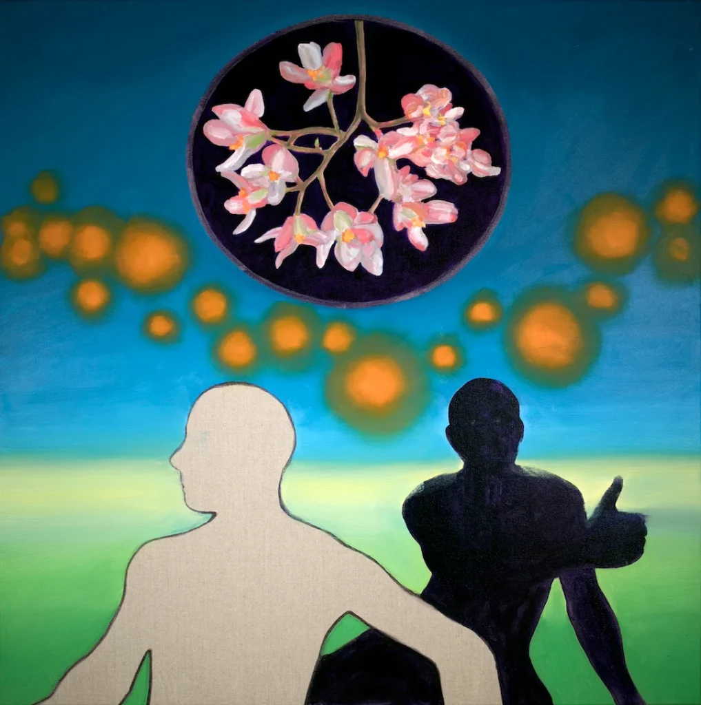 A surreal painting featuring two silhouetted figures, one light-colored and one dark, with a blooming branch above them against a blue background with orange orbs.